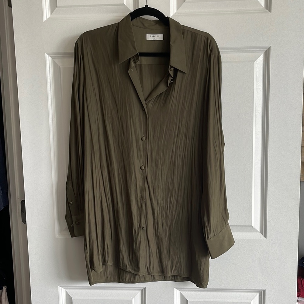 Aritzia Babaton Olive Green Silk Button Down | L